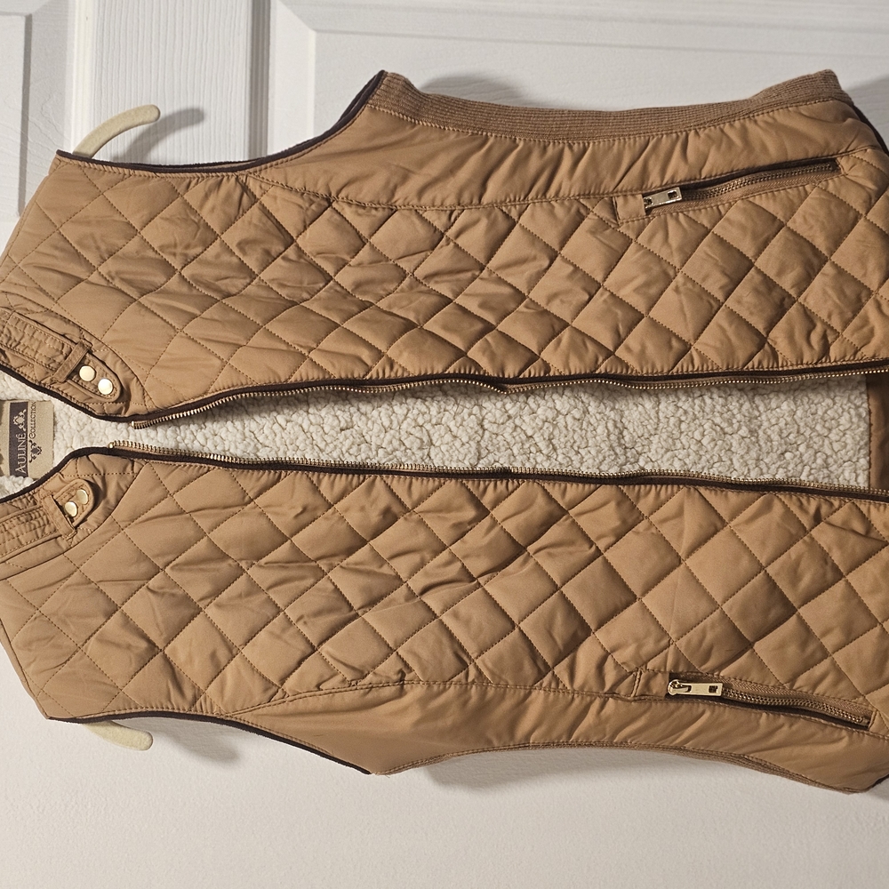 Tan Quilted Vest with Standing Collar
